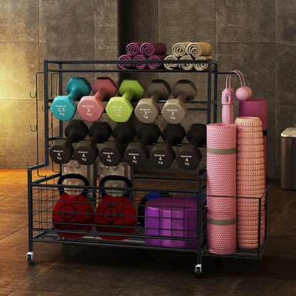 Dumbbell Rack, Balls Workout Equipment Storage Organizer Yoga Mat with Hooks and Wheels